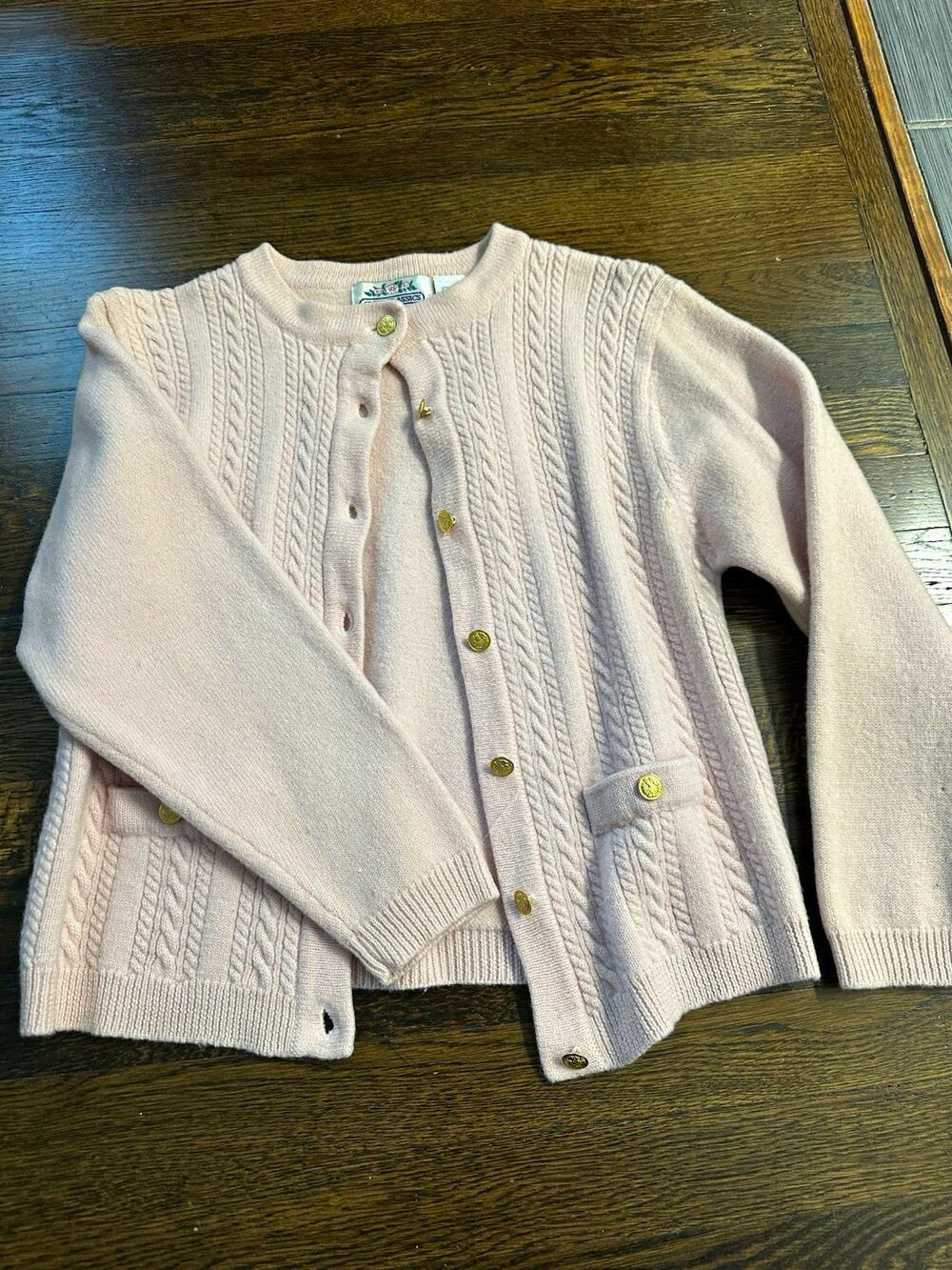 Club Classics Women’s Pink 100% Wool Cable-Knit Old Money Cardigan L